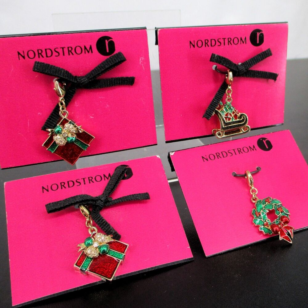 Lot of 4 Nordstrom Christmas Enamel Charms Sleigh Wrapped Gifts Wreath Gold Tone